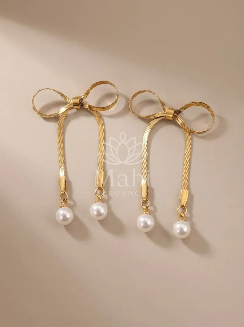 Ribboned Bow Pearl Danglers — Copper Alloy Earring