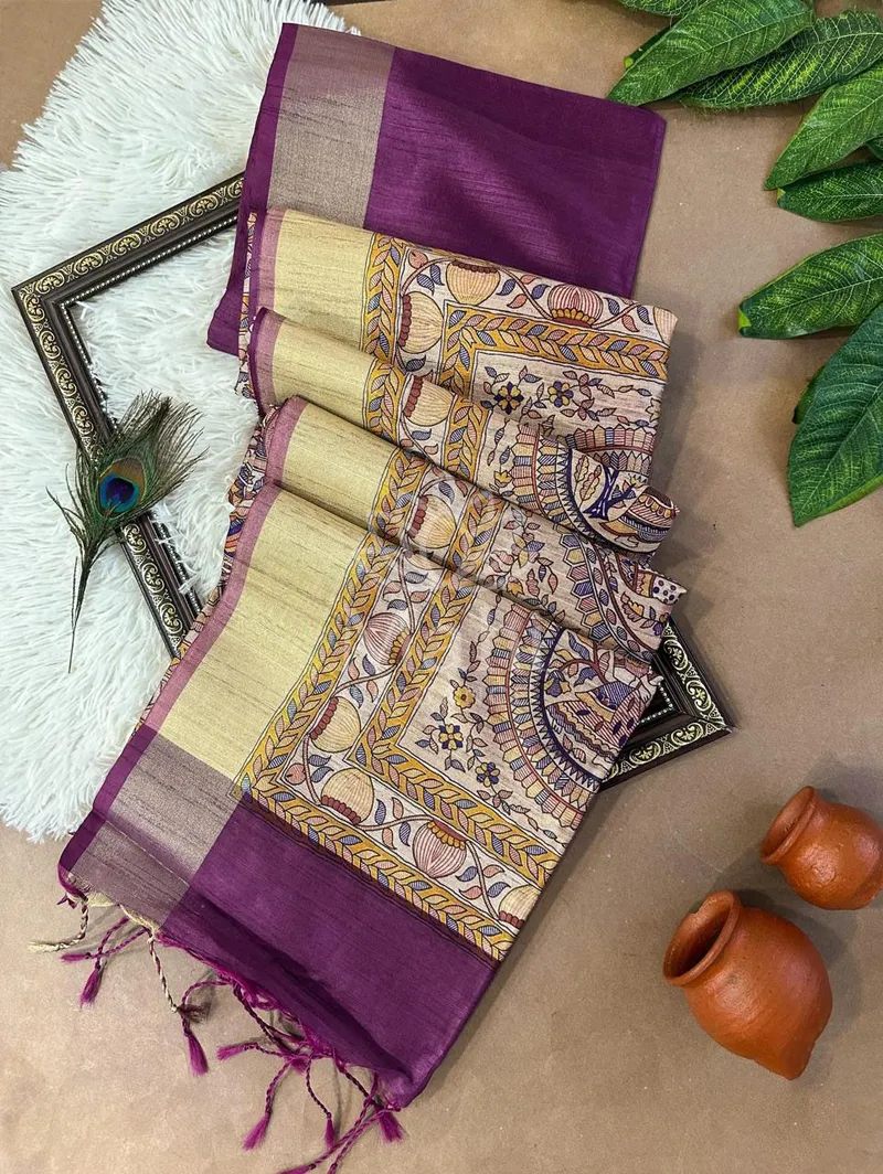 Mohini Wine Khadi Raw Silk Saree, Madhubani Print — Raw Silk