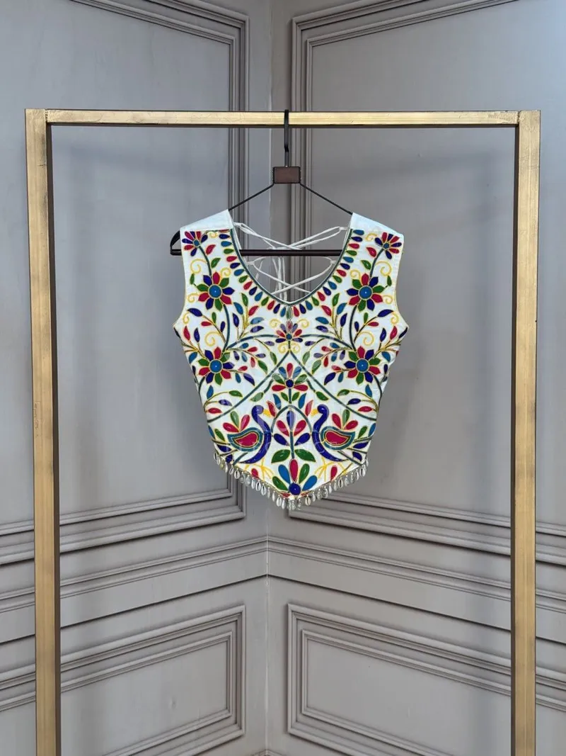 White color soft rayon blouse with heavy embroidery kutchi work — Blouse