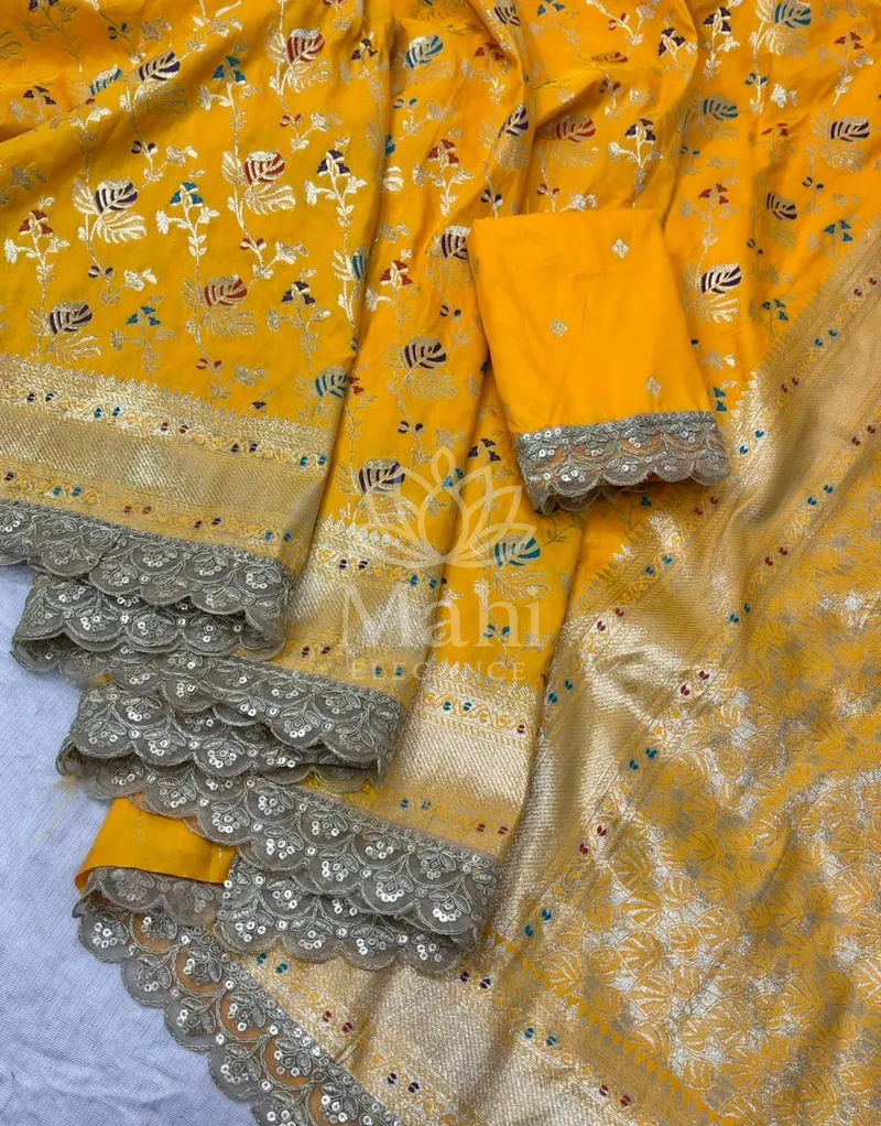 Yellow Banarasi Silk Saree, Meenakari Zari Weave — Banarasi