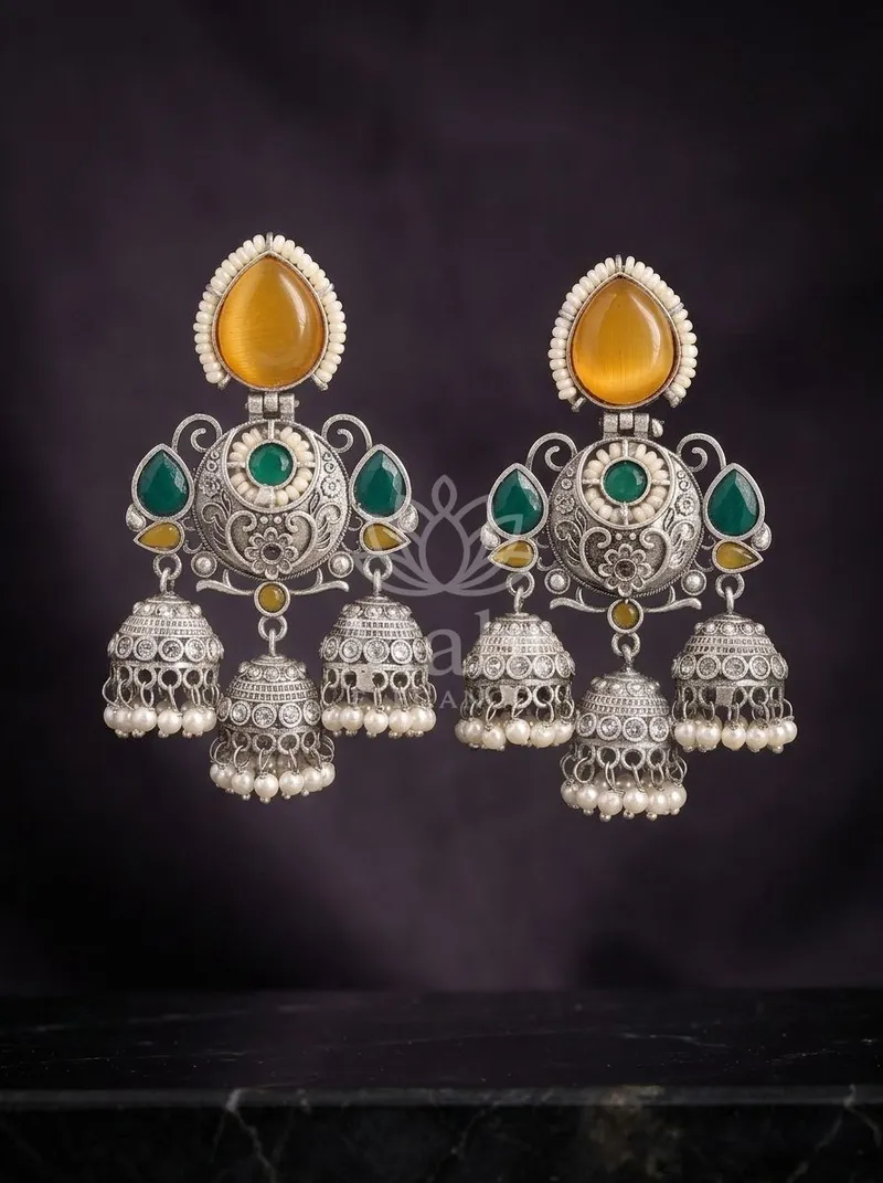 Triple Tiered Stone Jhumkas — Brass Earring