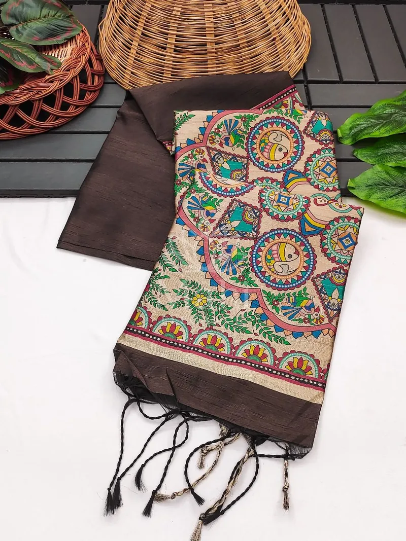 Coffee Khadi Raw Silk Saree, Madhubani Print — Raw Silk