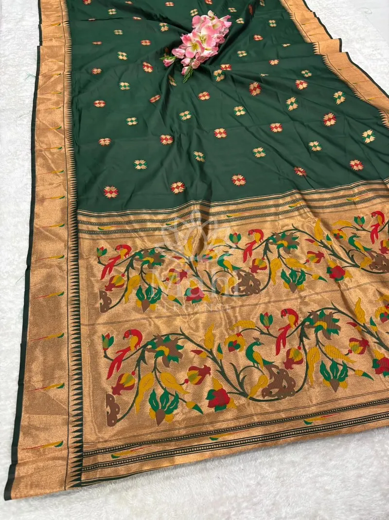 Dark Green Organza Silk Saree, Paithani Weave — Organza