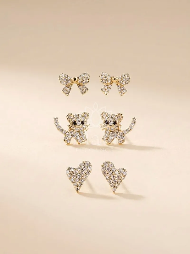 Bow Cat Heart Stud Trio — Copper Alloy Earring