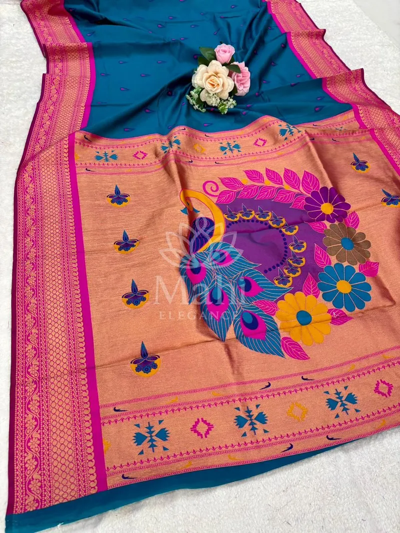Mahi Firoji Paithani Silk Saree, Zari Weave — Paithani