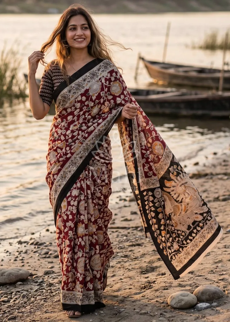 Red Mulmul Cotton Saree, Kalamkari Print — Cotton