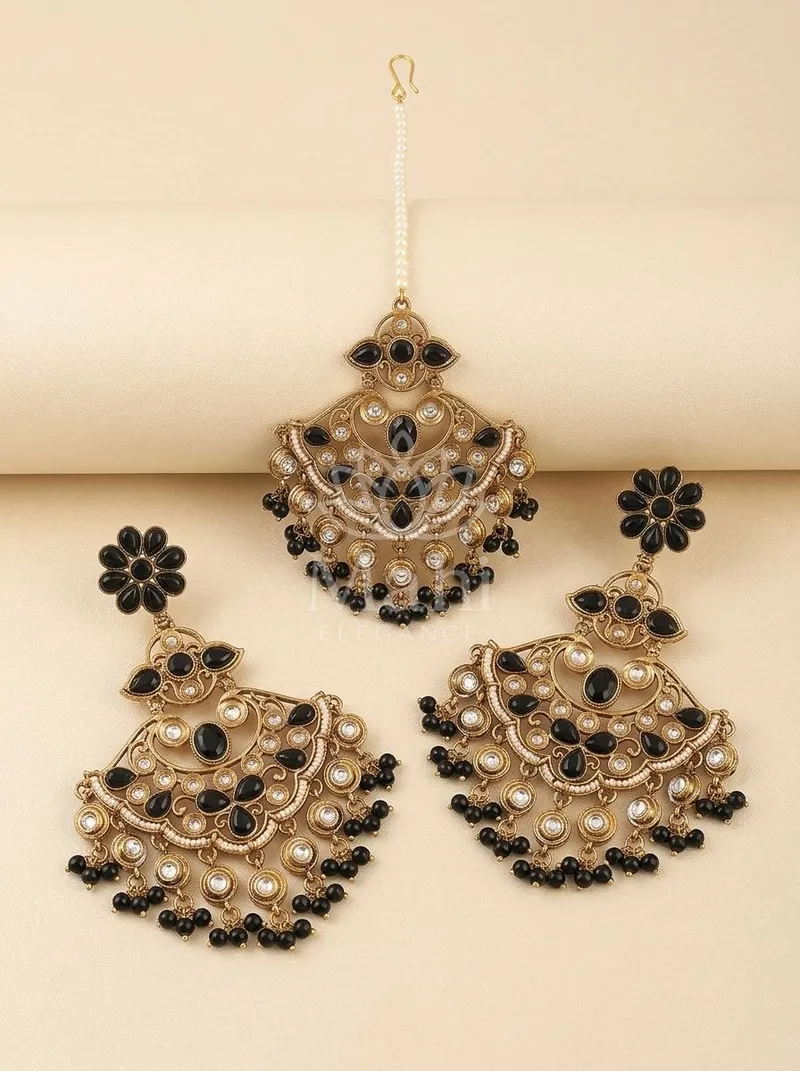 Floral Kundan Danglers With Mangtika — Alloy Earring