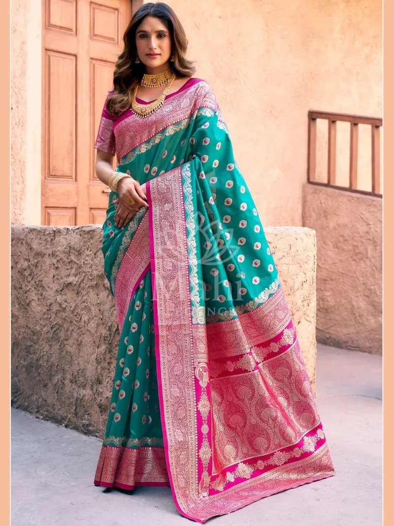 Rama Green Banarasi Silk Saree, Zhallar Warli Work — Banarasi
