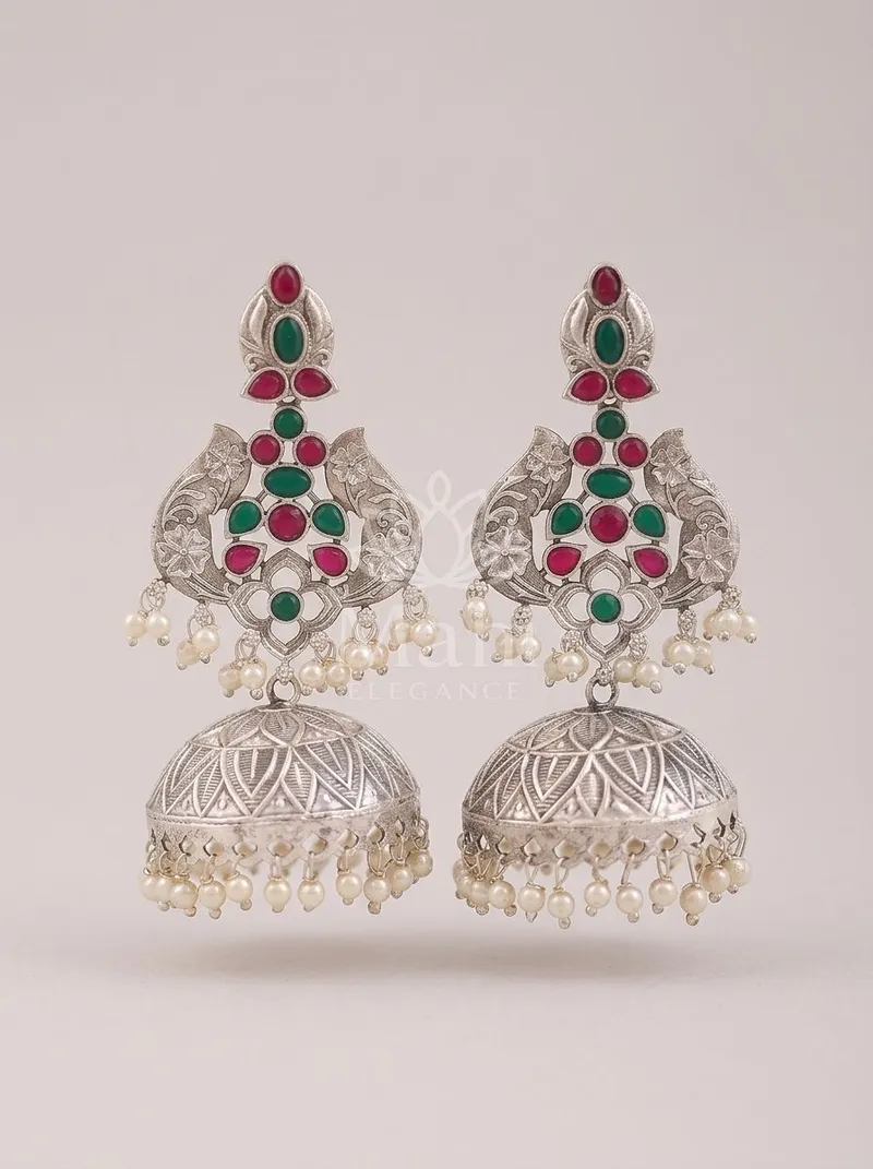 Oxidised Floral Stone Jhumkas — Brass Earring