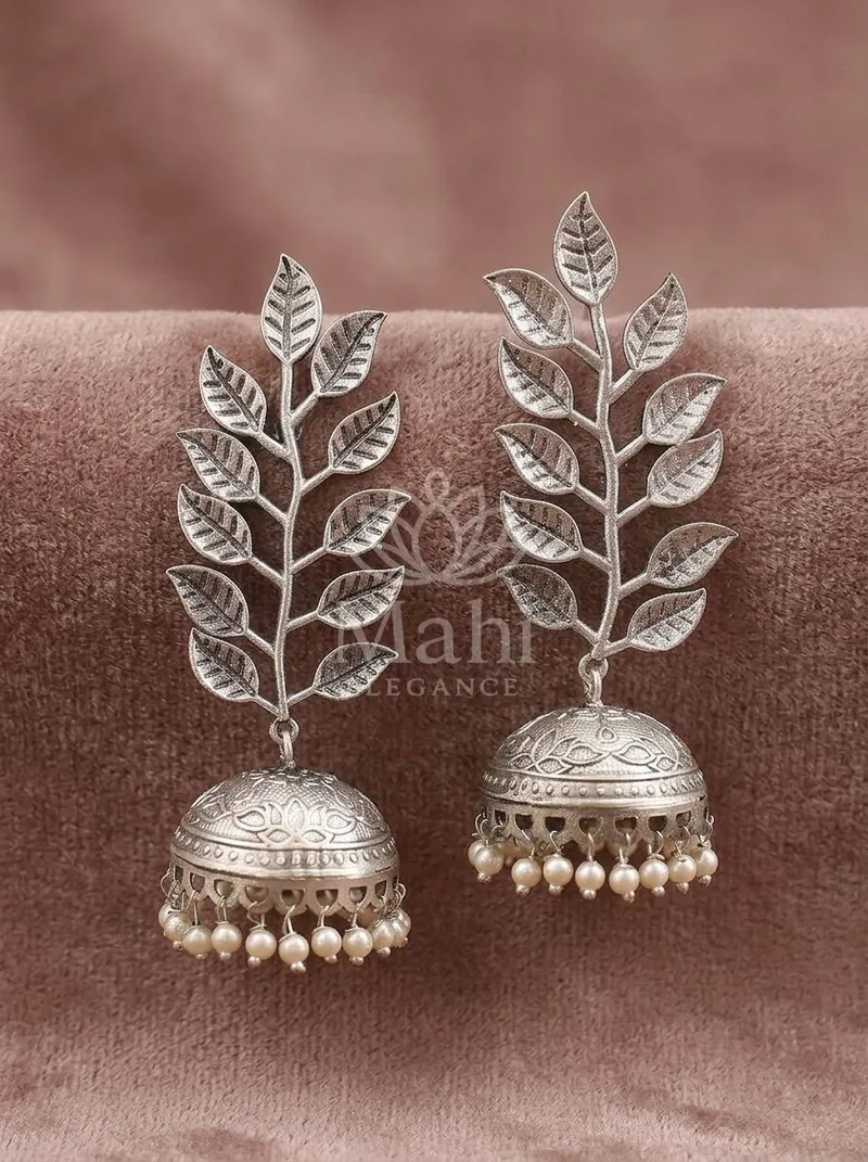 Leaf Branch Oxidised Jhumkas — Brass Earring