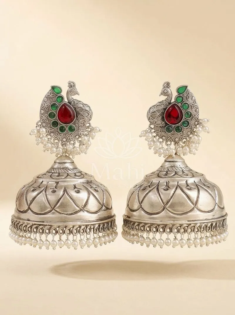 Peacock Motif Domed Jhumkas — Brass Earring