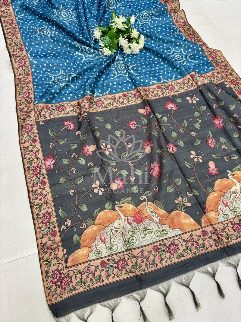 Firoji Raw Silk Saree, Bandhani & Kalamkari Print — Bandhani