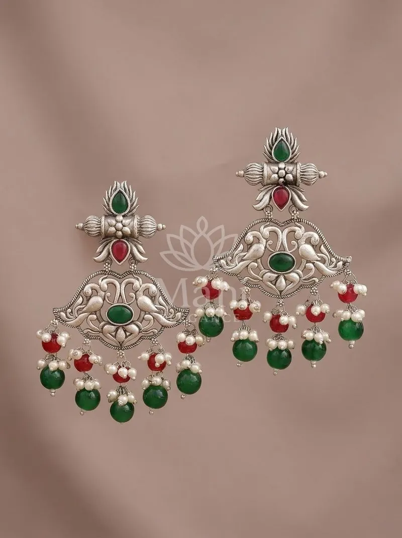 Peacock Motif Beaded Danglers — Brass Earring