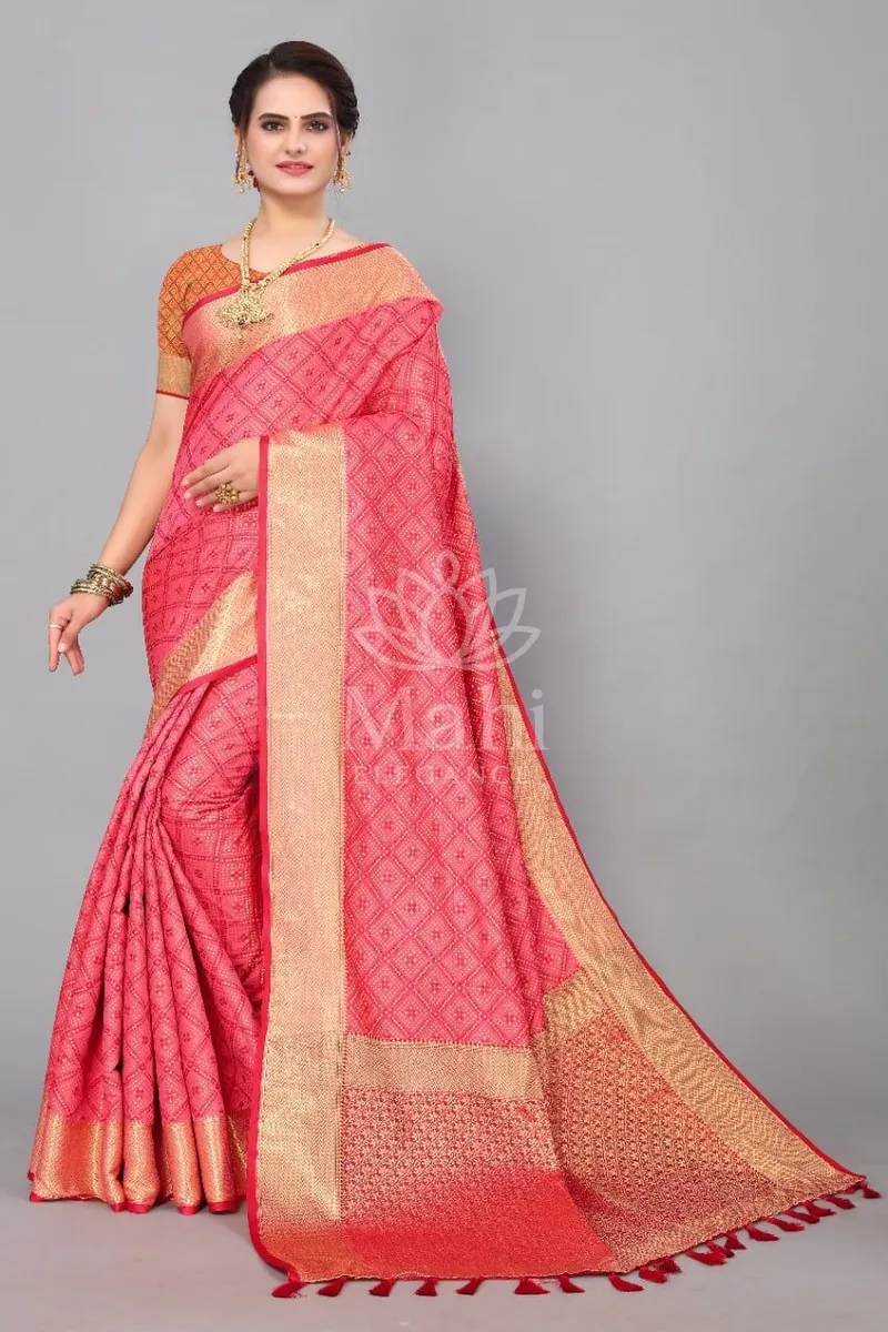 Peach Patola Silk Saree, Golden Zari Weave — Patola