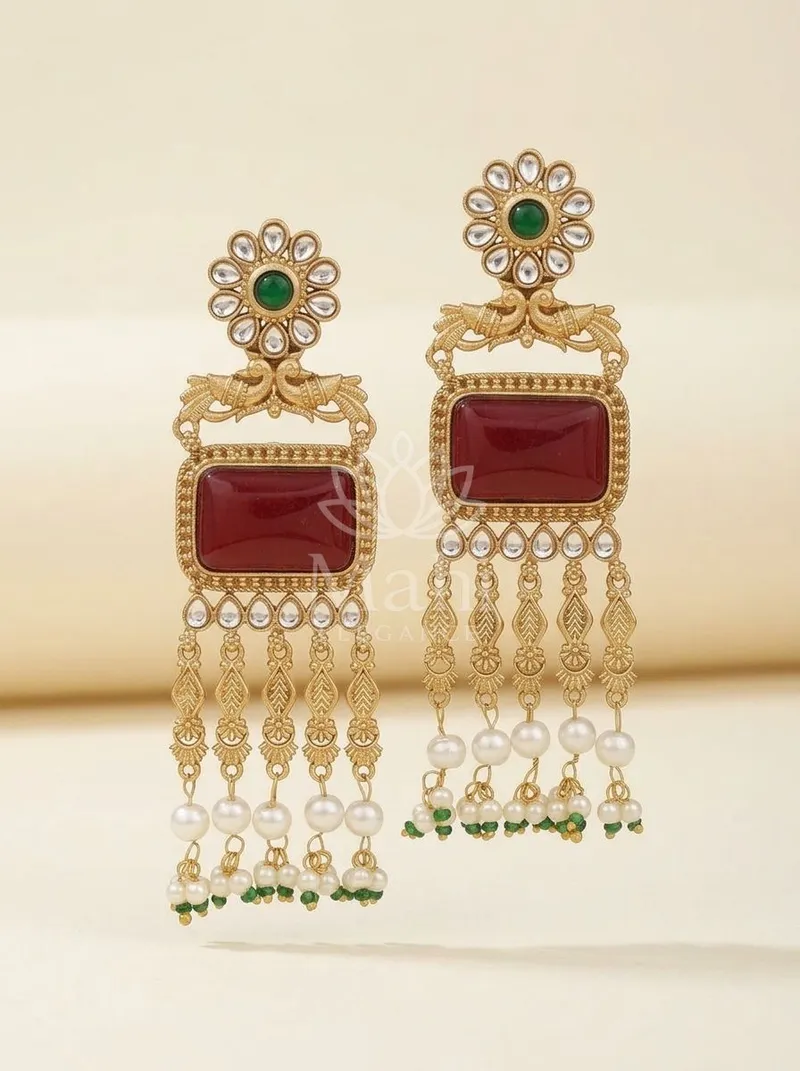 Floral Emerald Pearl Danglers — Brass Earring