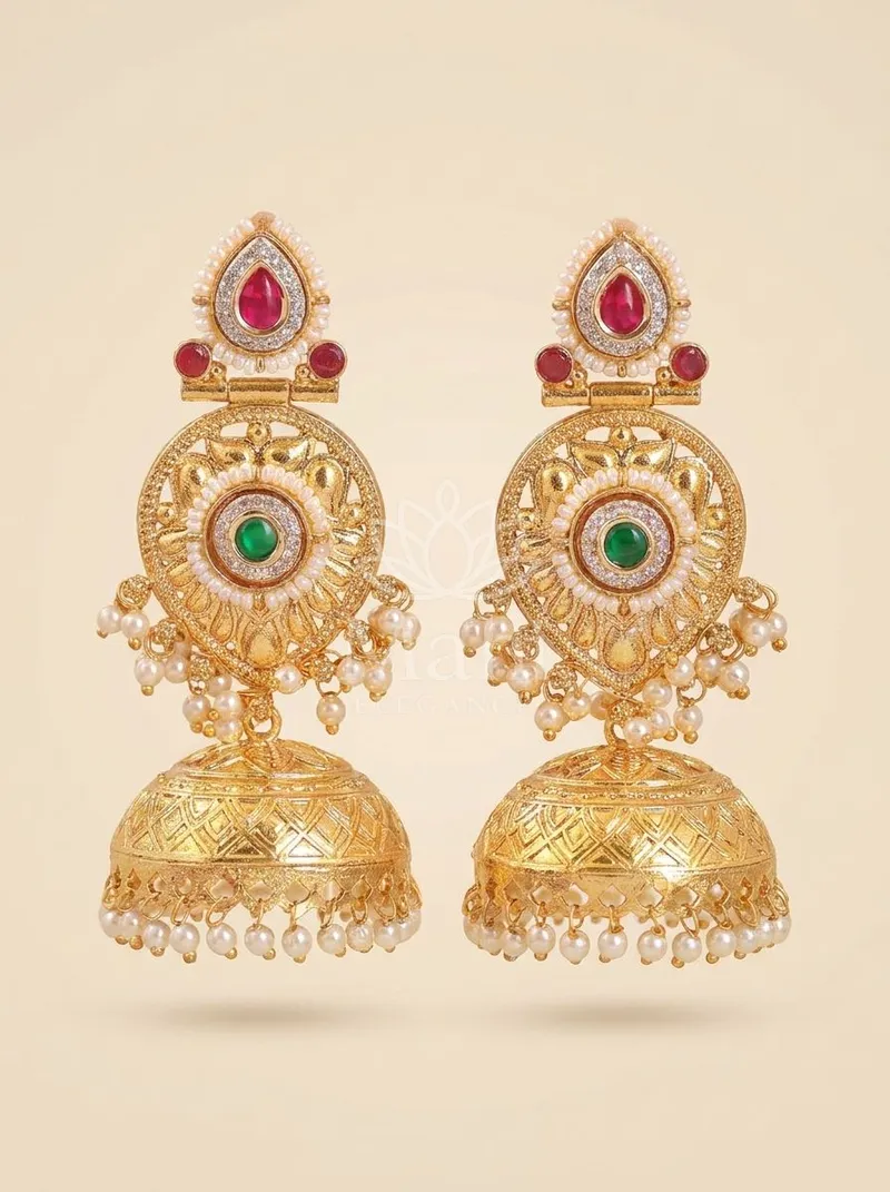 Domed Stone Filigree Jhumkas — Brass Earring