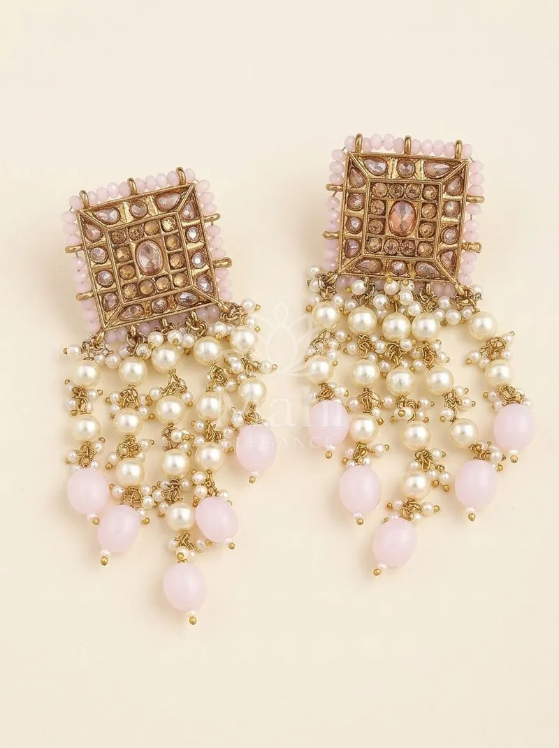 Kundan Square Pearl Cascade Danglers — Alloy Earring