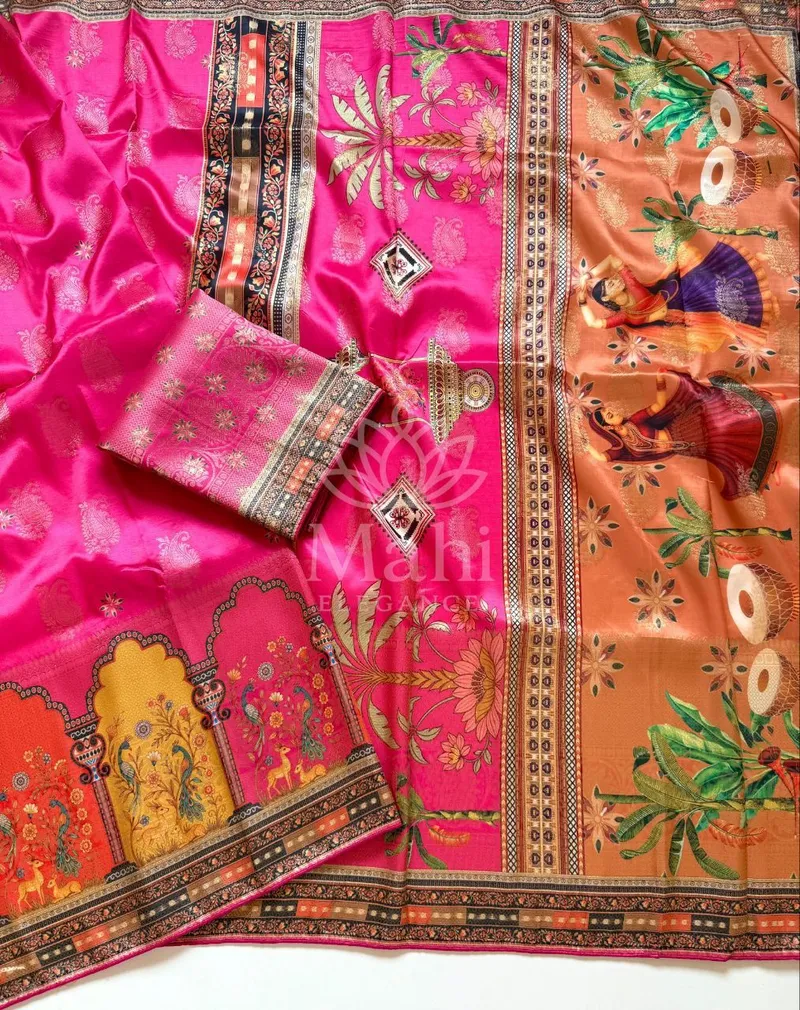 Mohini Pink Dola Silk Saree, Pashmina Digital Print — Dola