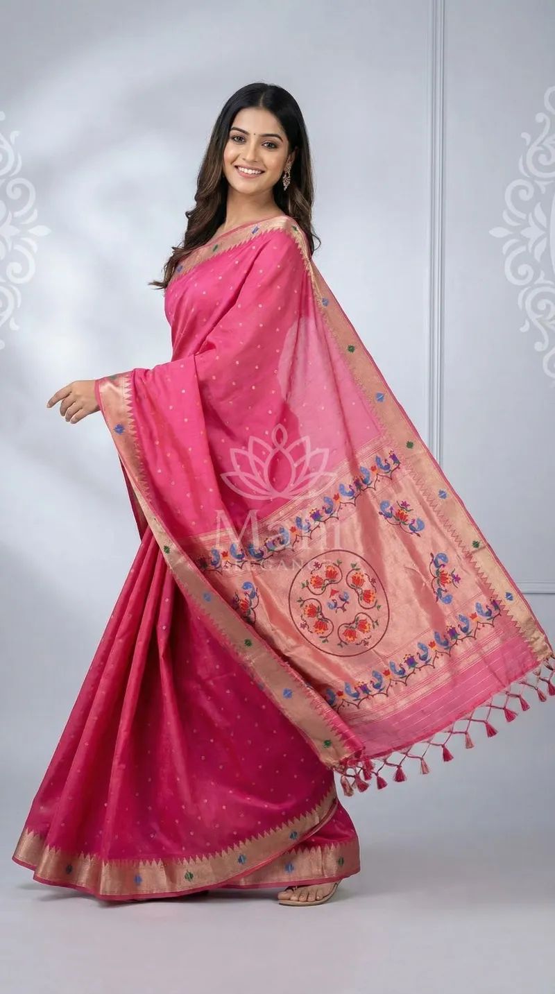 Pink Khadi Raw Silk Paithani Saree, Meenakari Zari Weave — Raw Silk