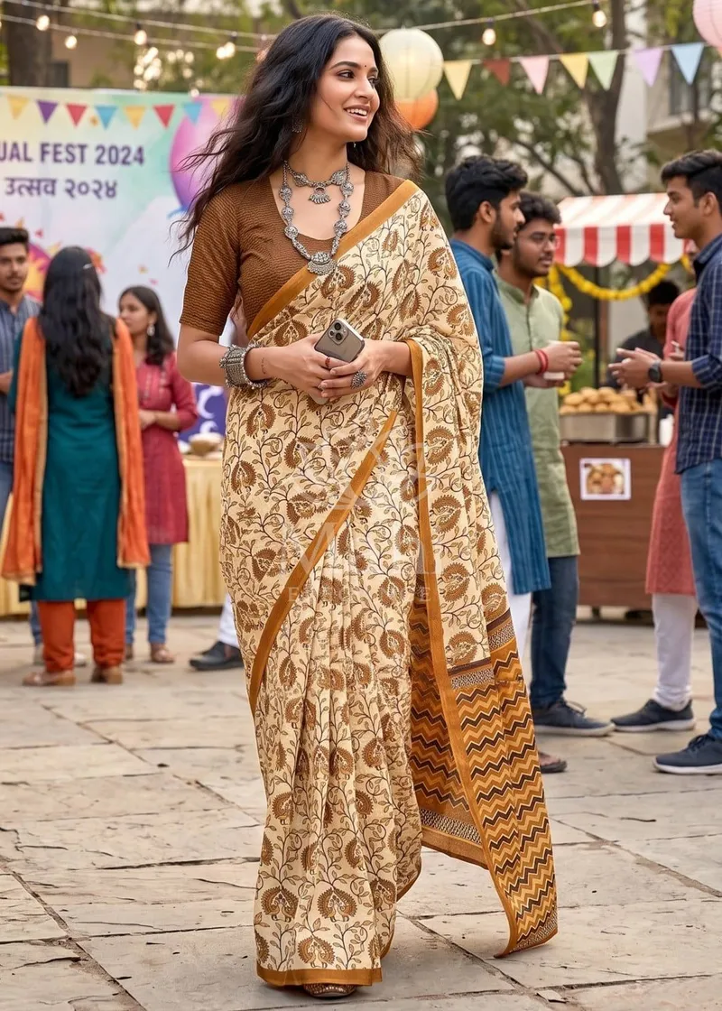 Mustard Yellow Mulmul Cotton Saree, Bagru Hand Block Print — Cotton