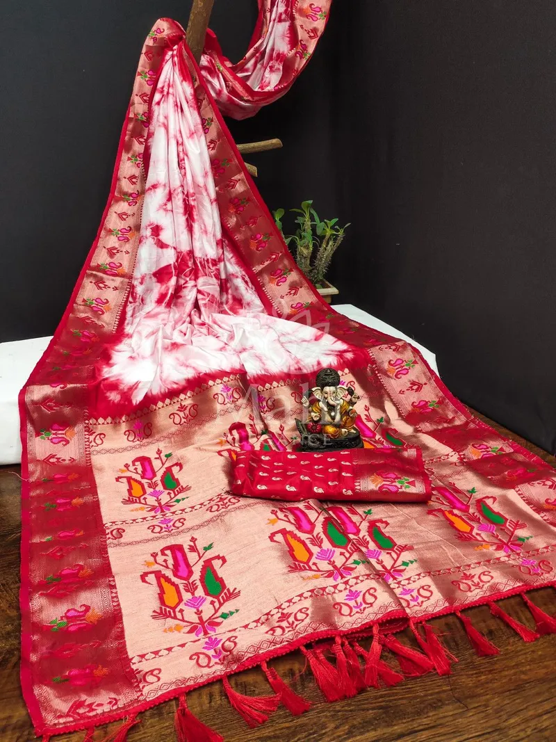 Red Dola Silk Saree, Shibori & Zari Weave — Dola