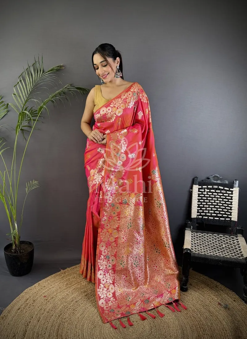 Peach Banarasi Silk Saree, Meenakari Zari Weave — Banarasi