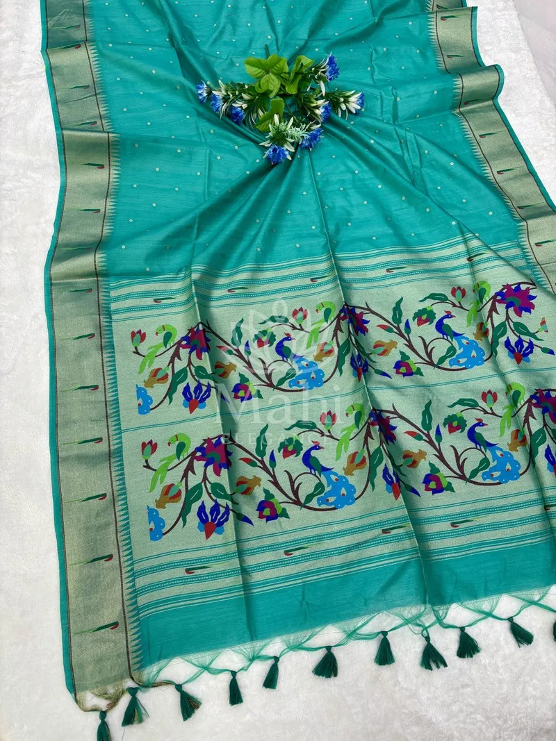 Rama Green Khadi Raw Silk Saree, Meenakari Paithani Weave — Raw Silk
