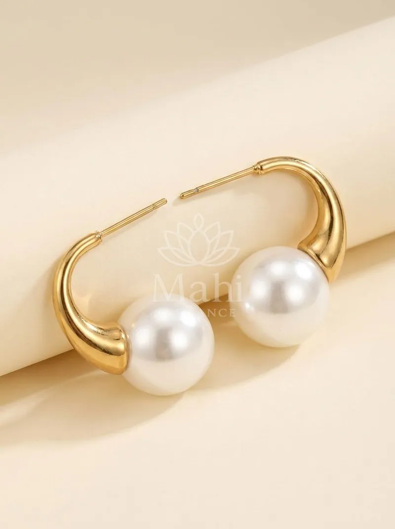 Curved Pearl Hoop Danglers — Copper Alloy Earring