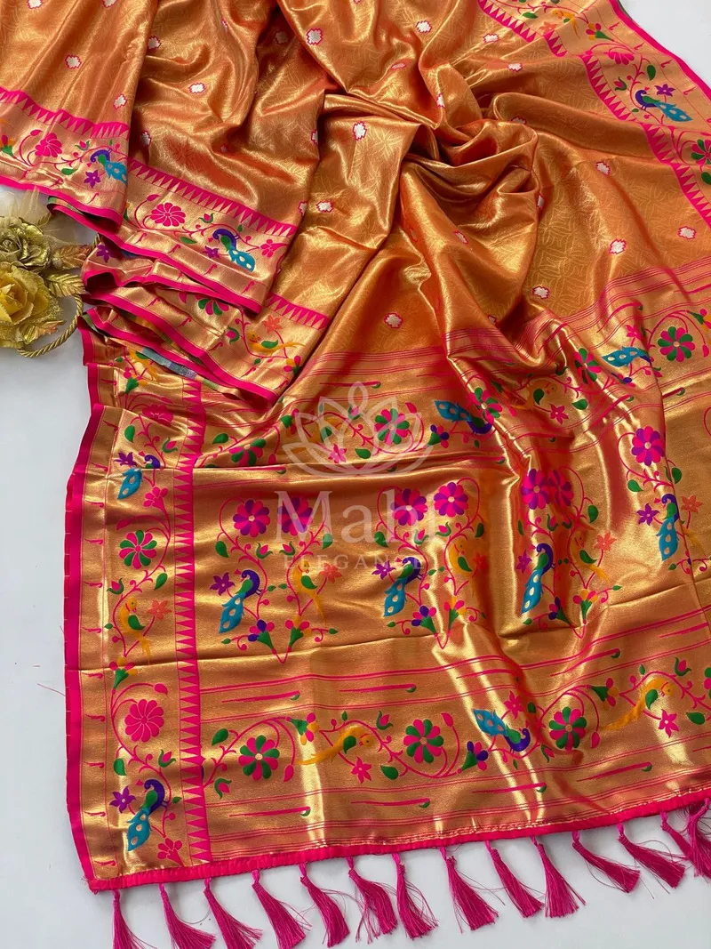 Mahi Orange Paithani Tissue Silk Saree, Zari Weave — Paithani