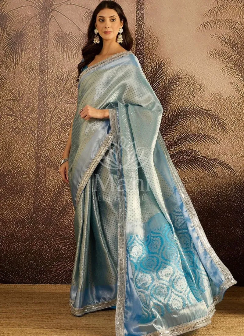 Sky Blue Banarasi Tissue Silk Saree, Zari Weave — Banarasi