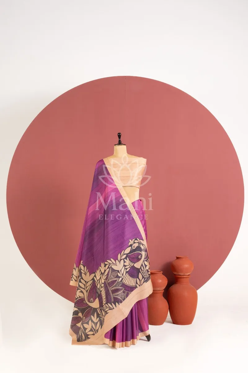 Magenta Tussar Silk Saree, Kalamkari Print — Tussar