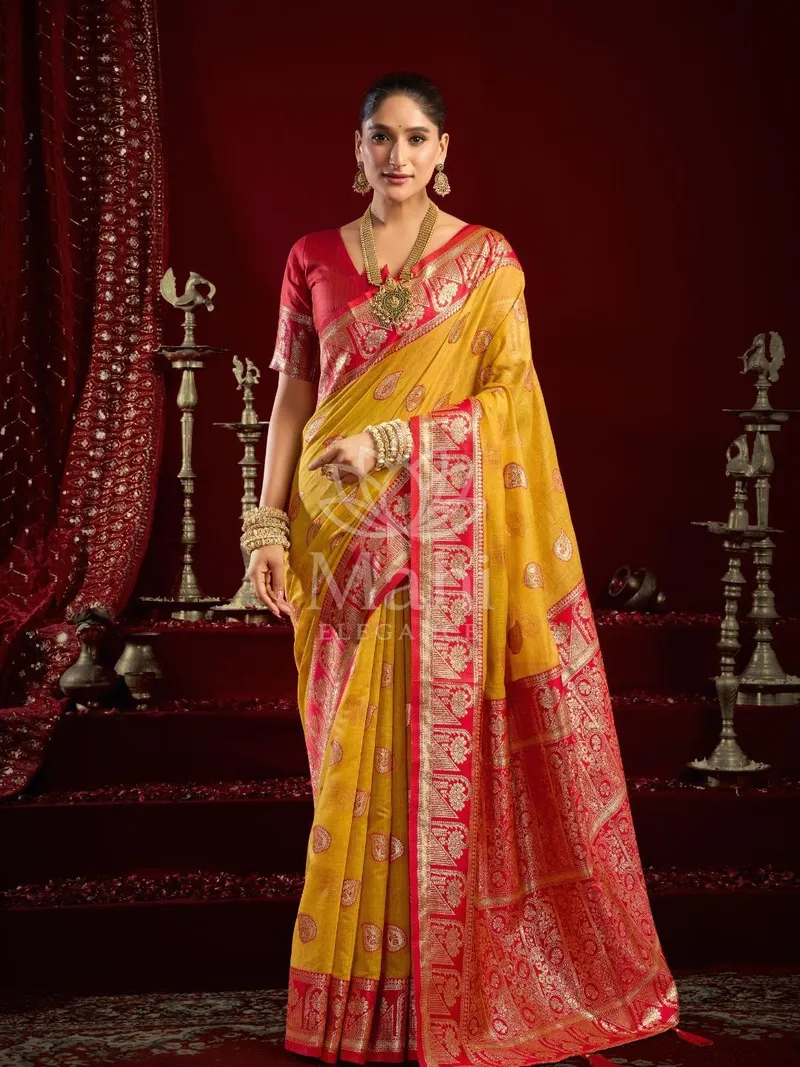 Yellow Banarasi Silk Saree, Zari Border Weave — Banarasi