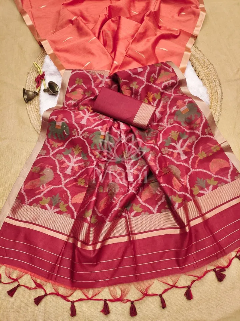 Peach Raw Silk Saree, Jamdani Zari Border Weave — Raw Silk