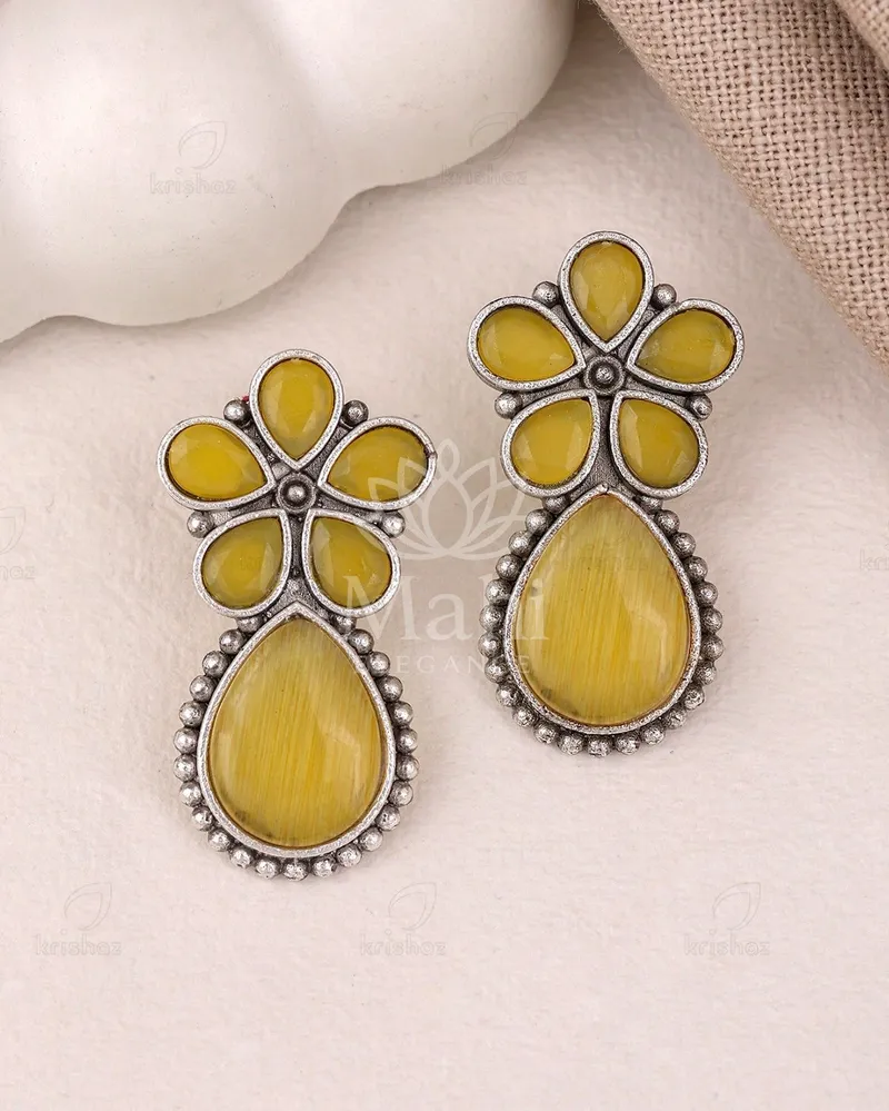 Floral Teardrop Stone Studs — Brass Earring