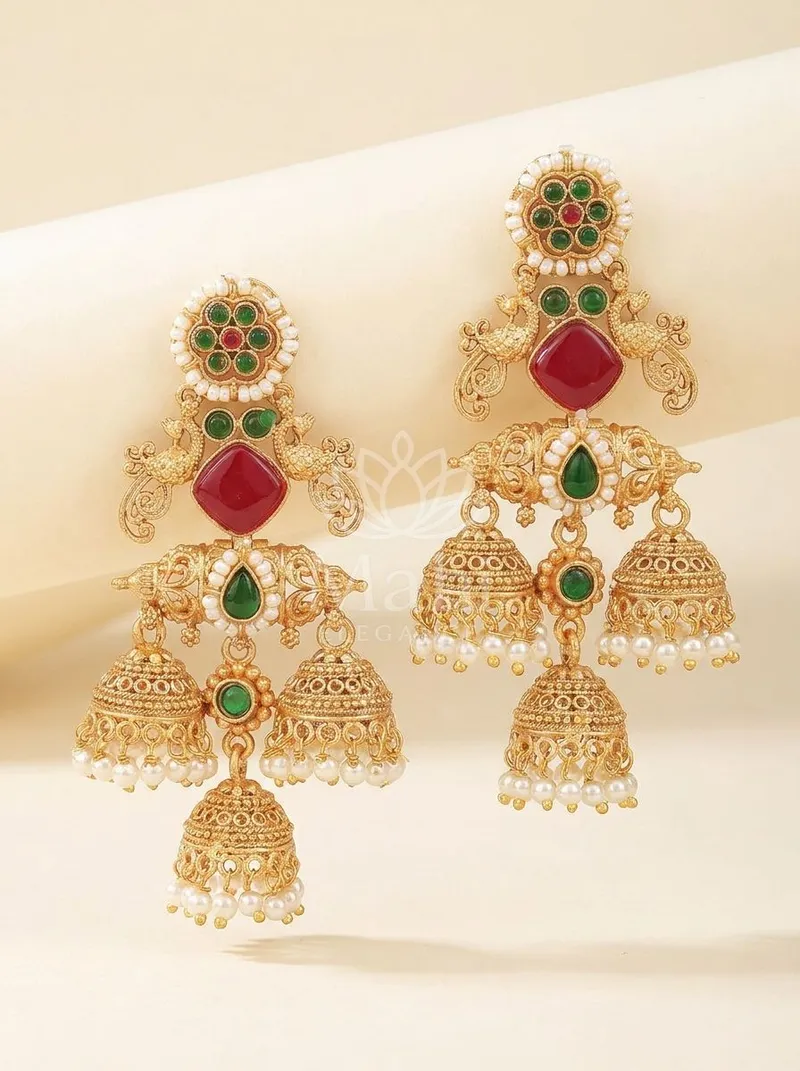Triple Peacock Jhumkas — Brass Earring