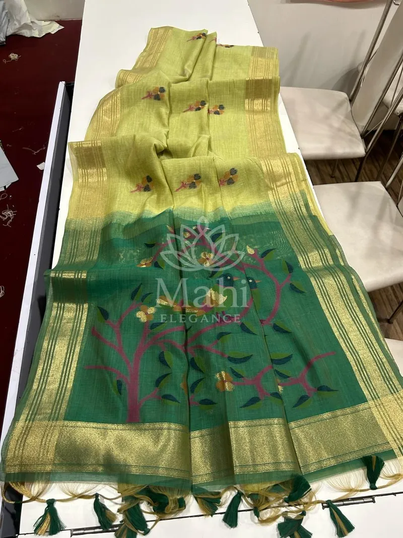 Green Muga Cotton Saree, Resham Jamdani Weave — Muga-Cotton