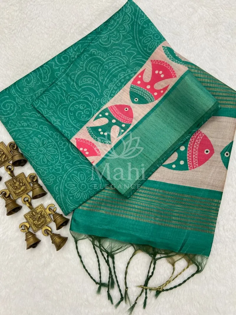 Rama Green Tussar Silk Saree, Floral Print — Tussar