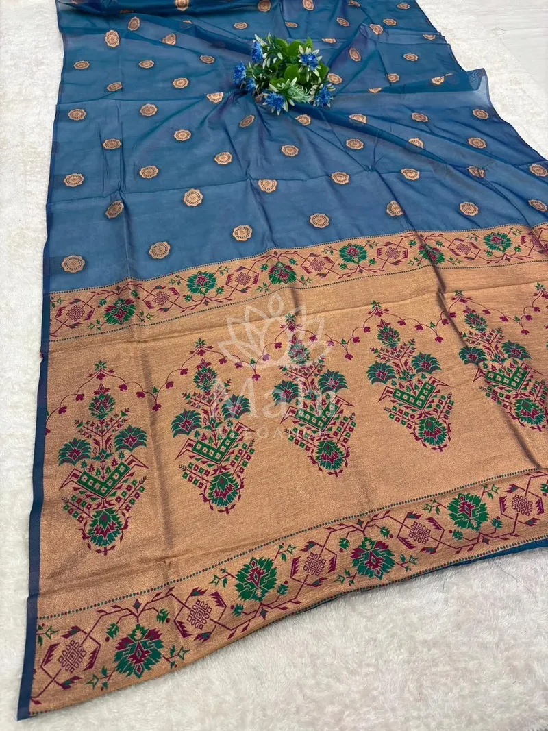 Blue Organza Silk Saree, Zari Weave — Organza