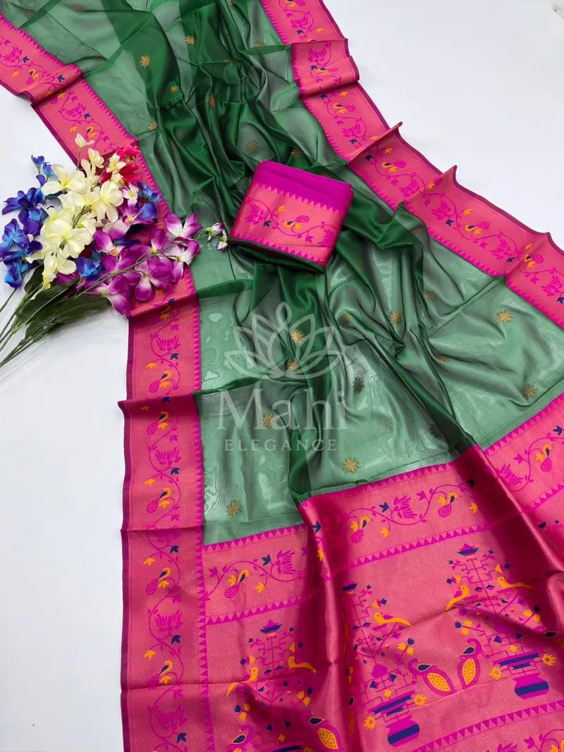 Mohini Green Paithani Tissue Silk Saree, Zari Weave — Paithani