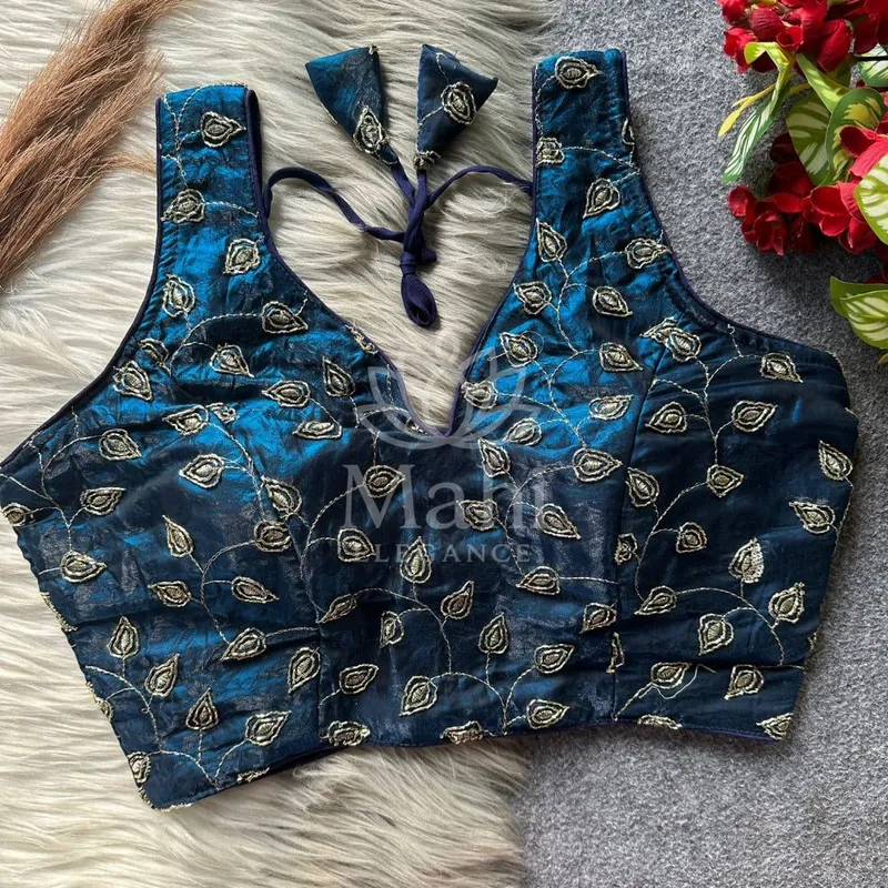 Teal blue color fandy silk blouse with sequence and hand work — Blouse