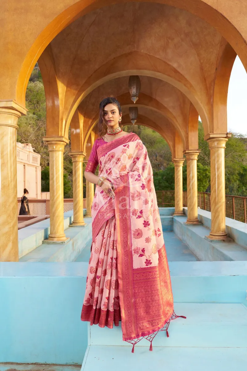 Riya Pink Organza Silk Saree, Zari Weave — Organza
