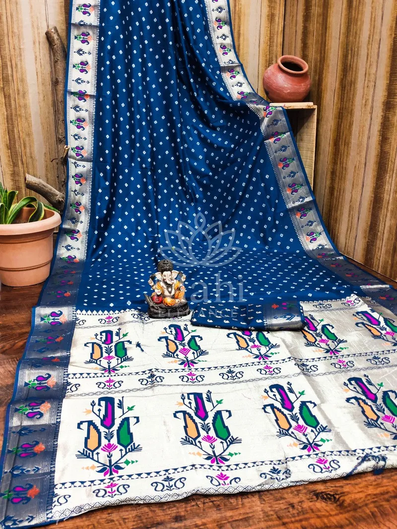 Navy Blue Paithani Bandhej Silk Saree, Zari Weave — Bandhani