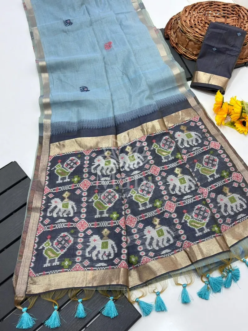 Sky Blue Muga Cotton Saree, Patola Weave — Muga-Cotton