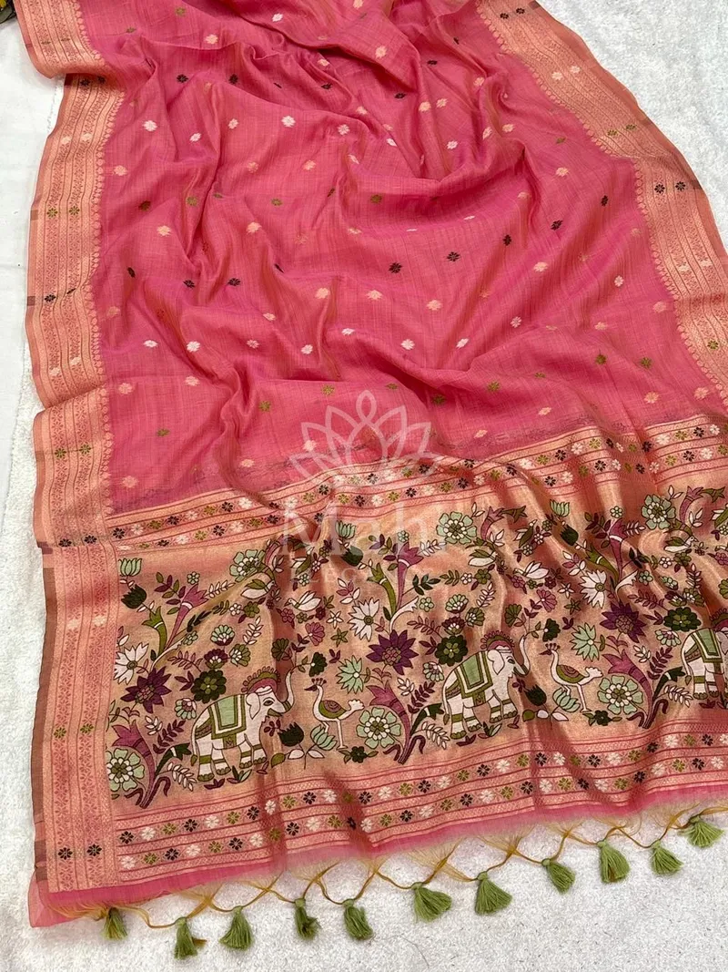 Gajari Muga Cotton Saree, Paithani Zari Weave — Cotton