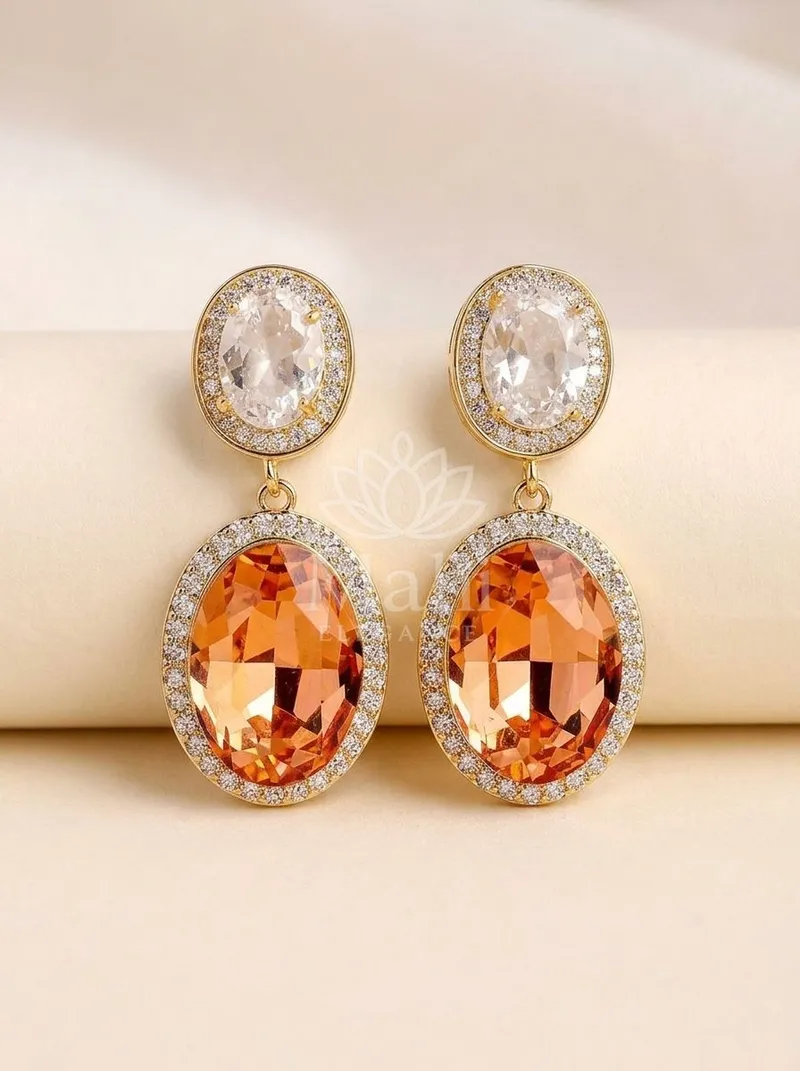 Double Oval Stone Halo Danglers — Copper Alloy Earring