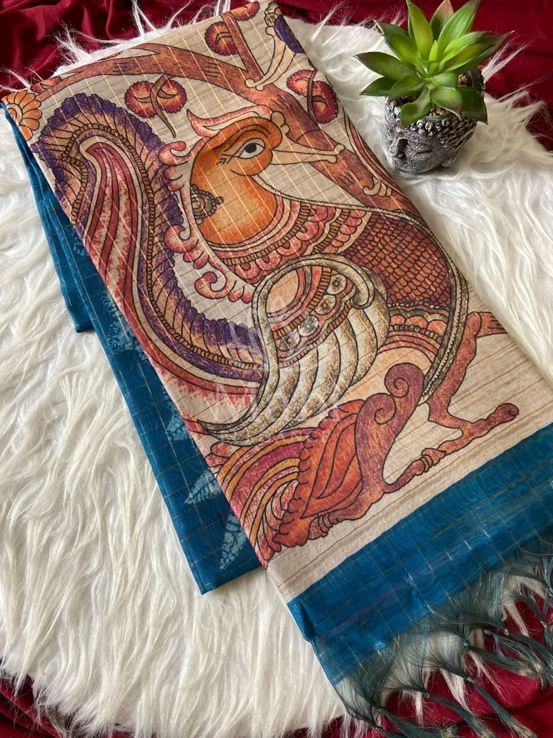 Mohini Firoji Tussar Silk Saree, Kalamkari Print — Tussar