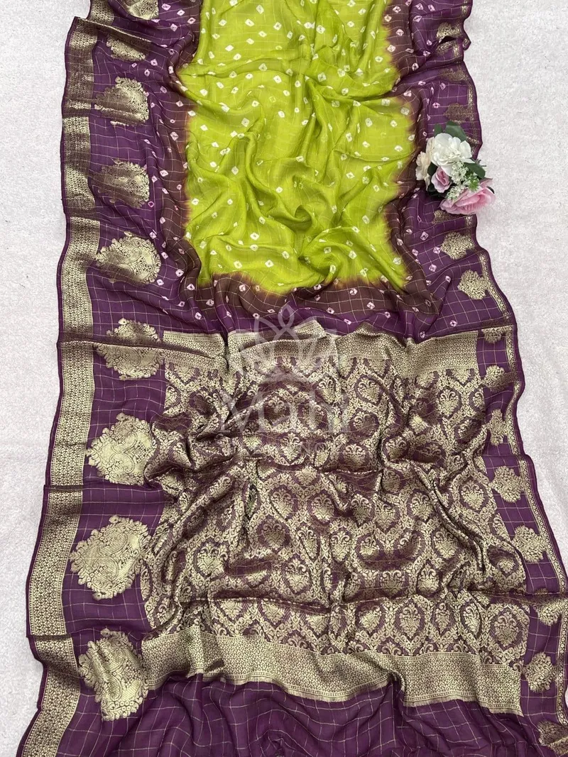Parrot Green Bandhej Silk Saree, Zari Weave — Bandhani