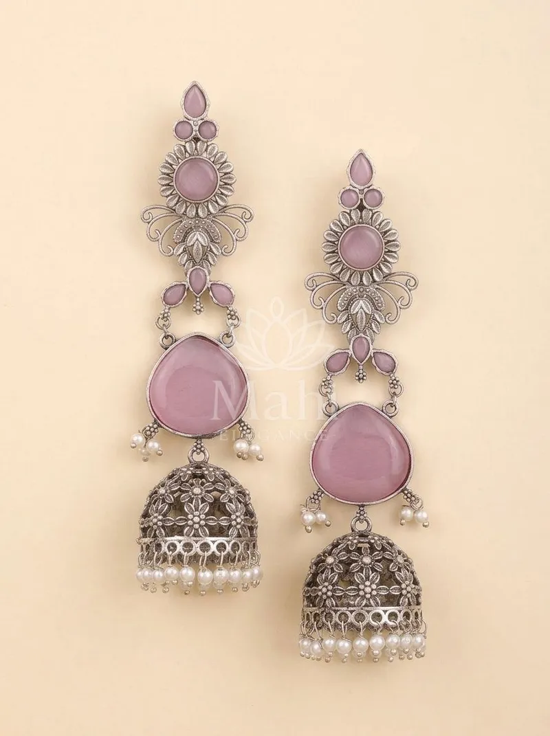 Floral Stone Drop Jhumkas — Brass Earring