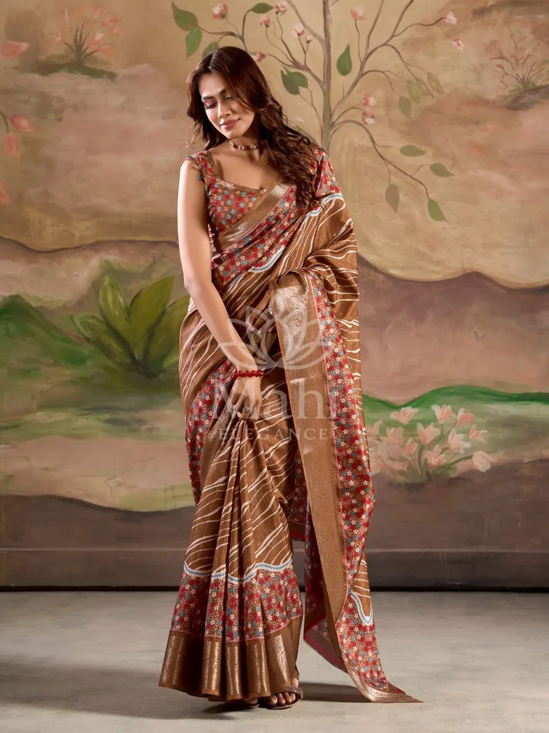 Brown Dola Silk Saree, Digital Print Zari Border — Dola