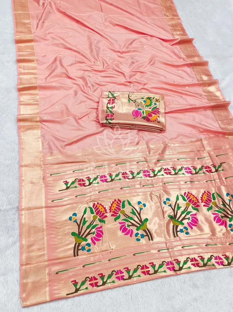 Peach Lichi Silk Paithani Saree, Gold Jari Butti Weave — Paithani